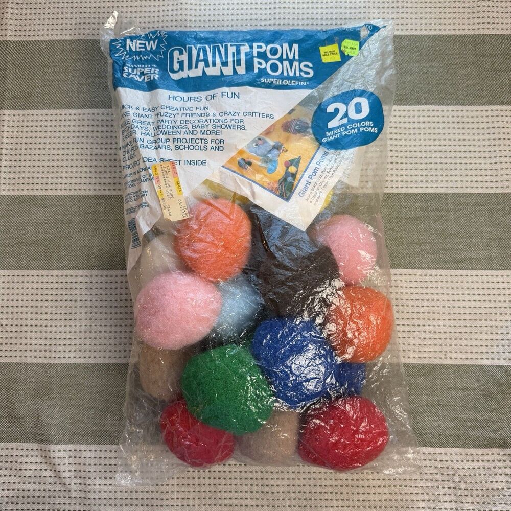 Vintage Giant Craft Olefin Pom Poms Multicolor NEW Deadstock 20 Count